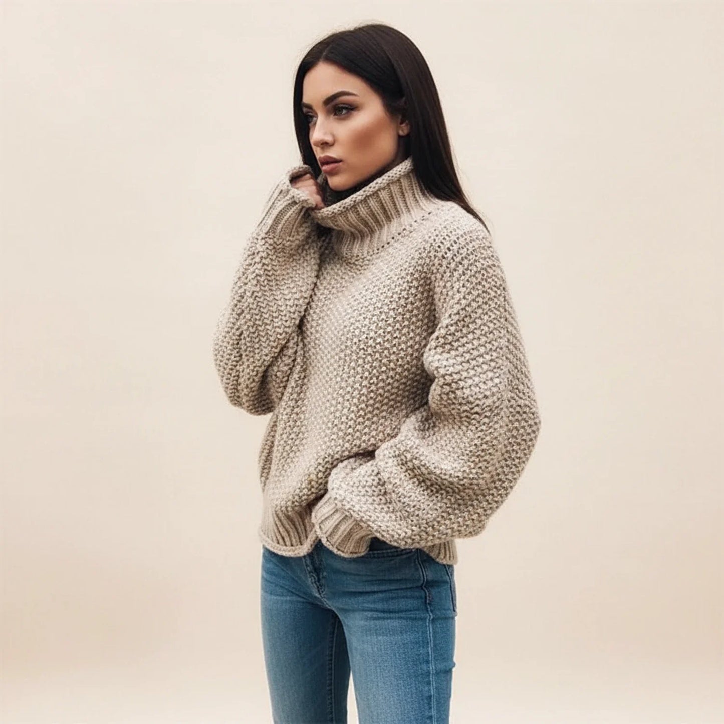 Pull à col roulé en maille épaisse pour femme