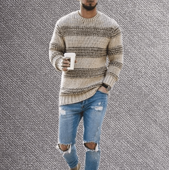 Pull à rayures à col rond à manches longues pour homme