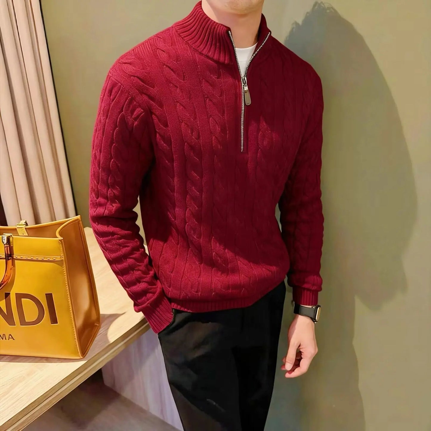 Pull à torsades zippé pour homme