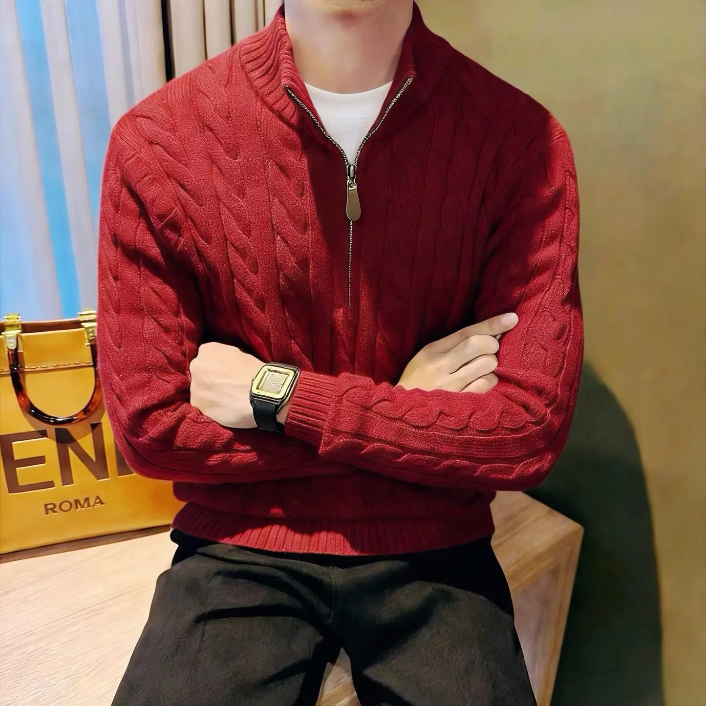 Pull à torsades zippé pour homme
