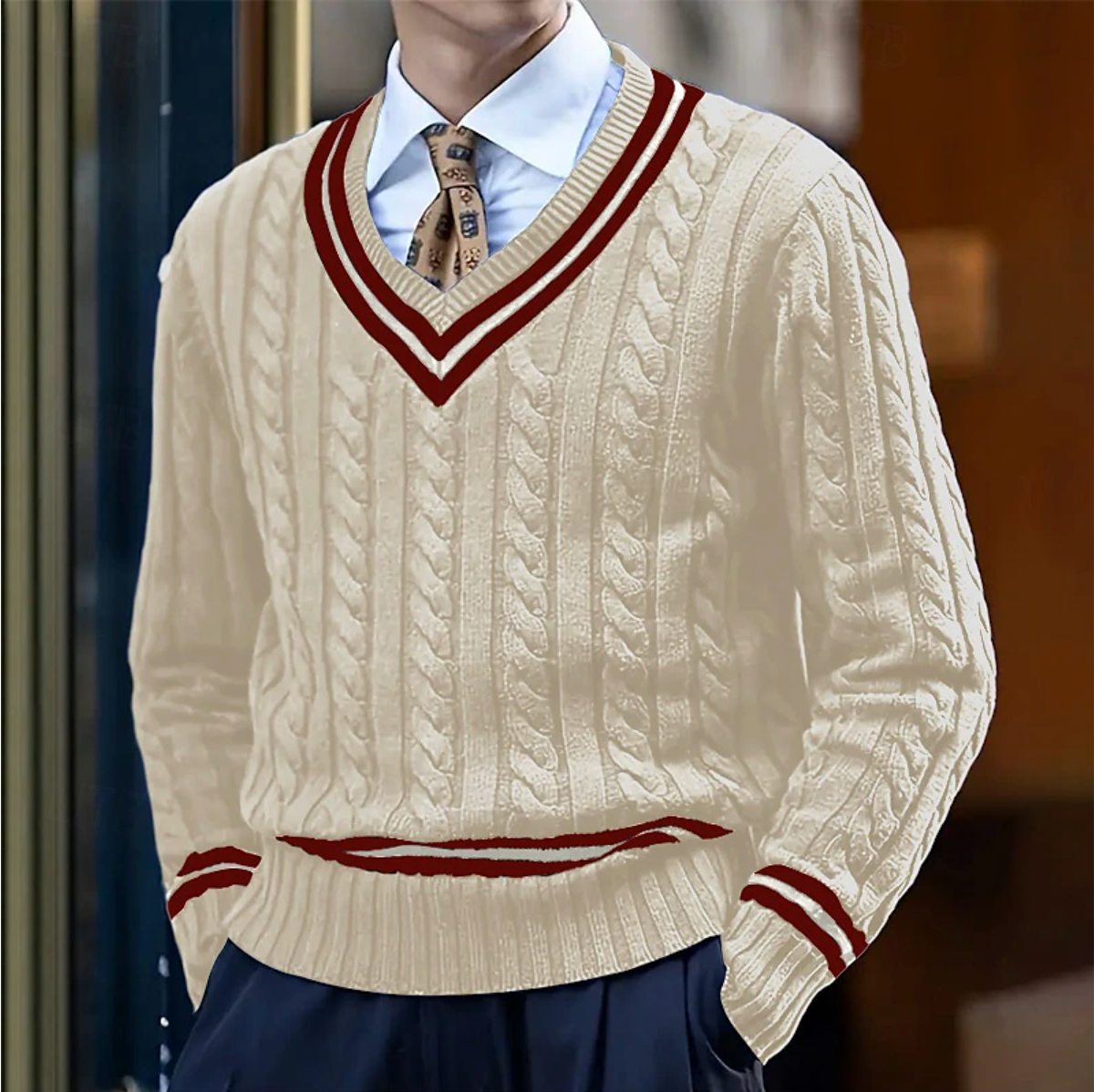 Pull col en V en maille torsadée pour homme