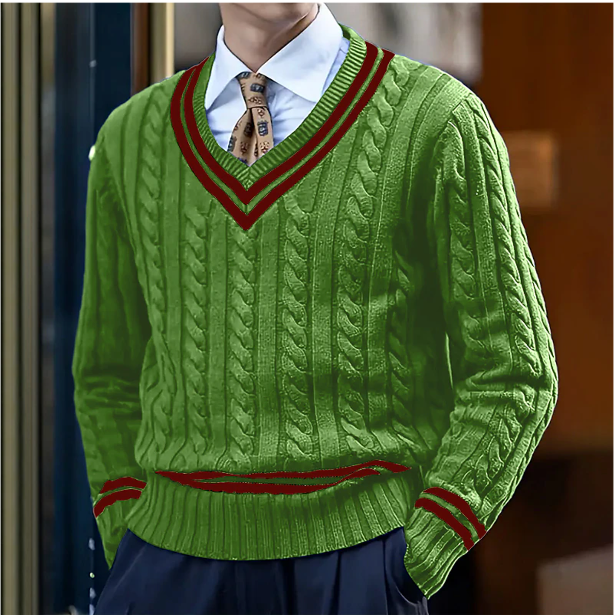 Pull col en V en maille torsadée pour homme