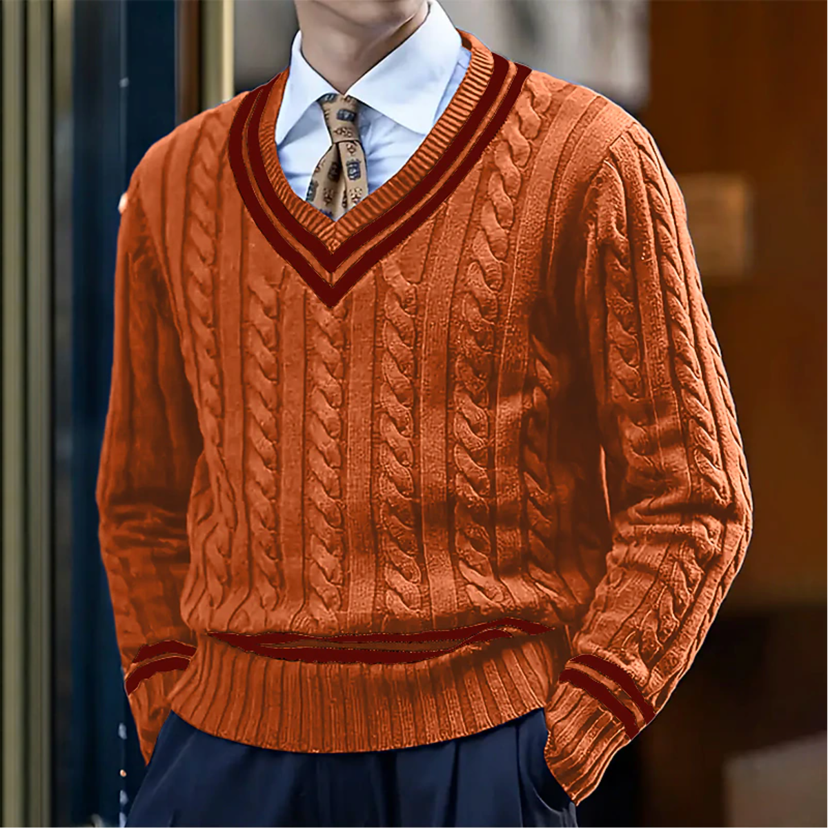 Pull col en V en maille torsadée pour homme