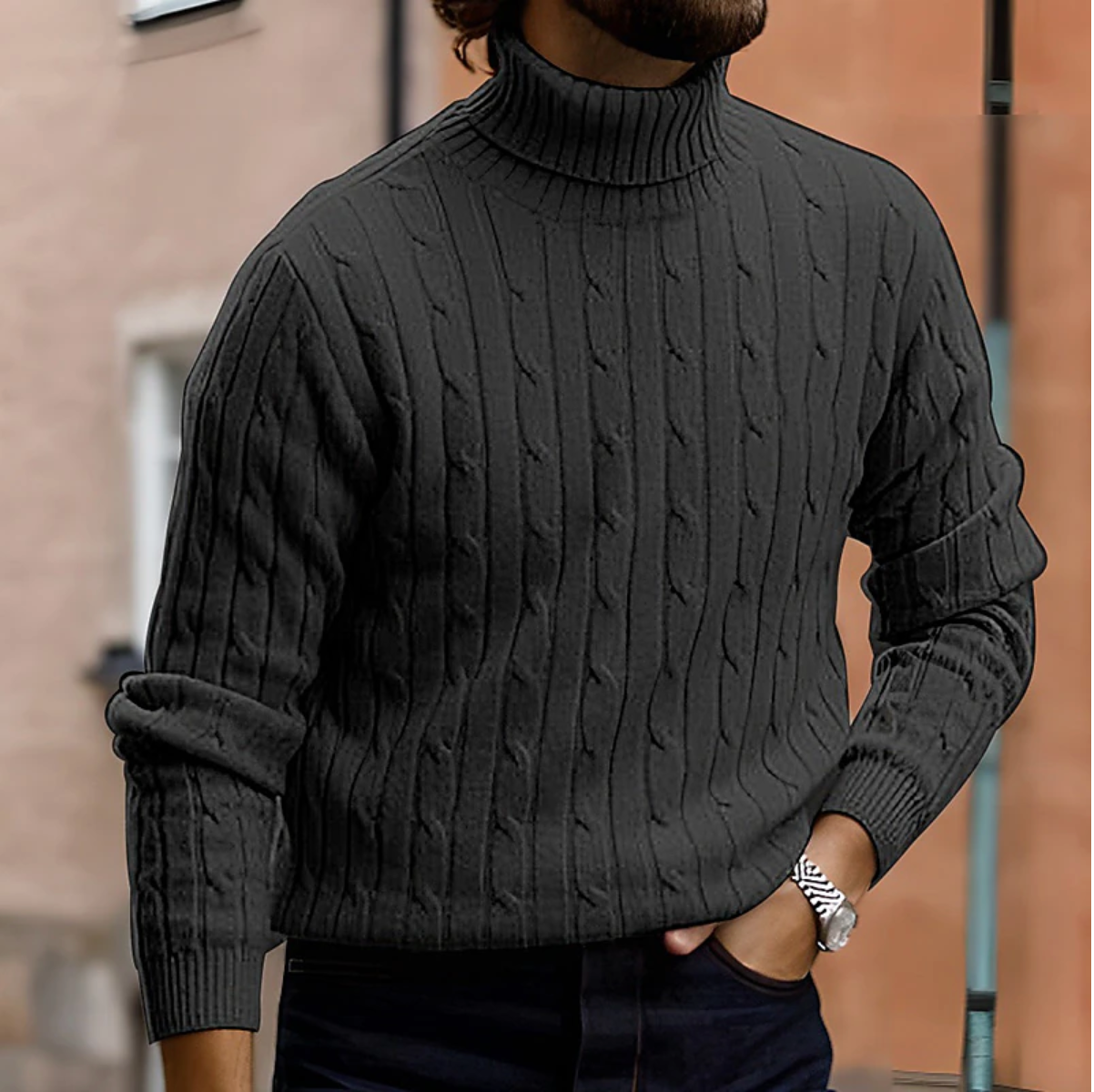 Pull d’hiver à col roulé en maille torsadée pour homme