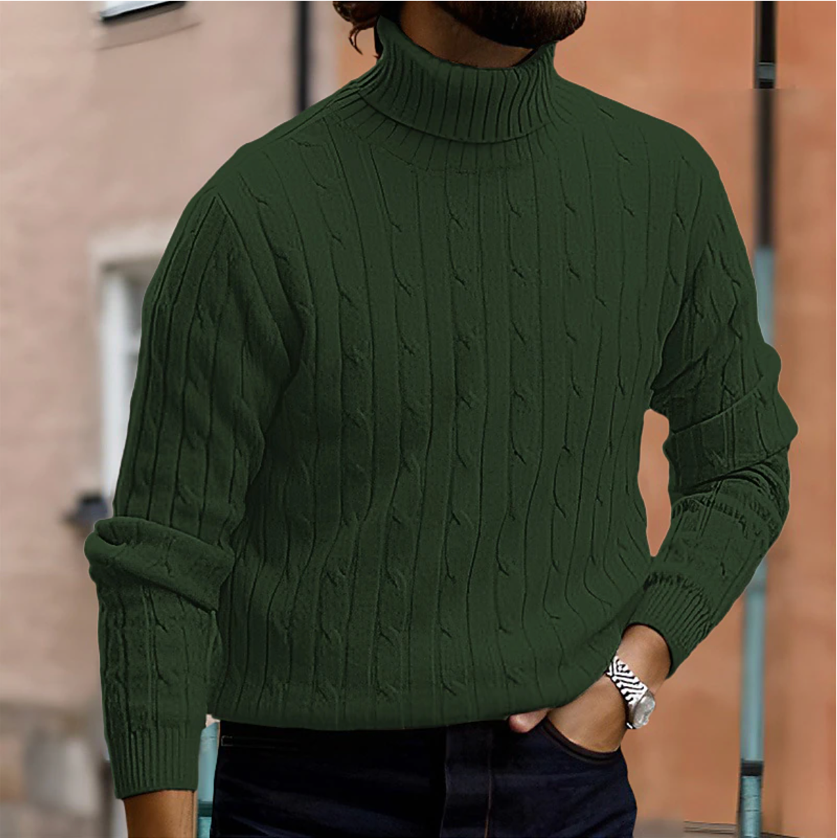 Pull d’hiver à col roulé en maille torsadée pour homme