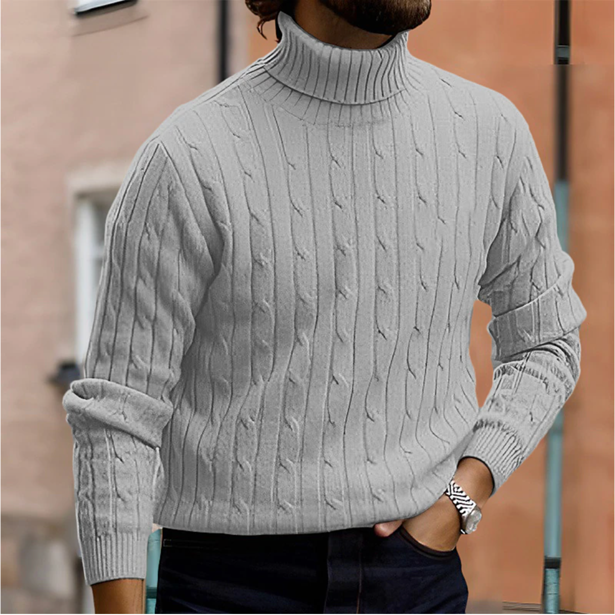 Pull d’hiver à col roulé en maille torsadée pour homme