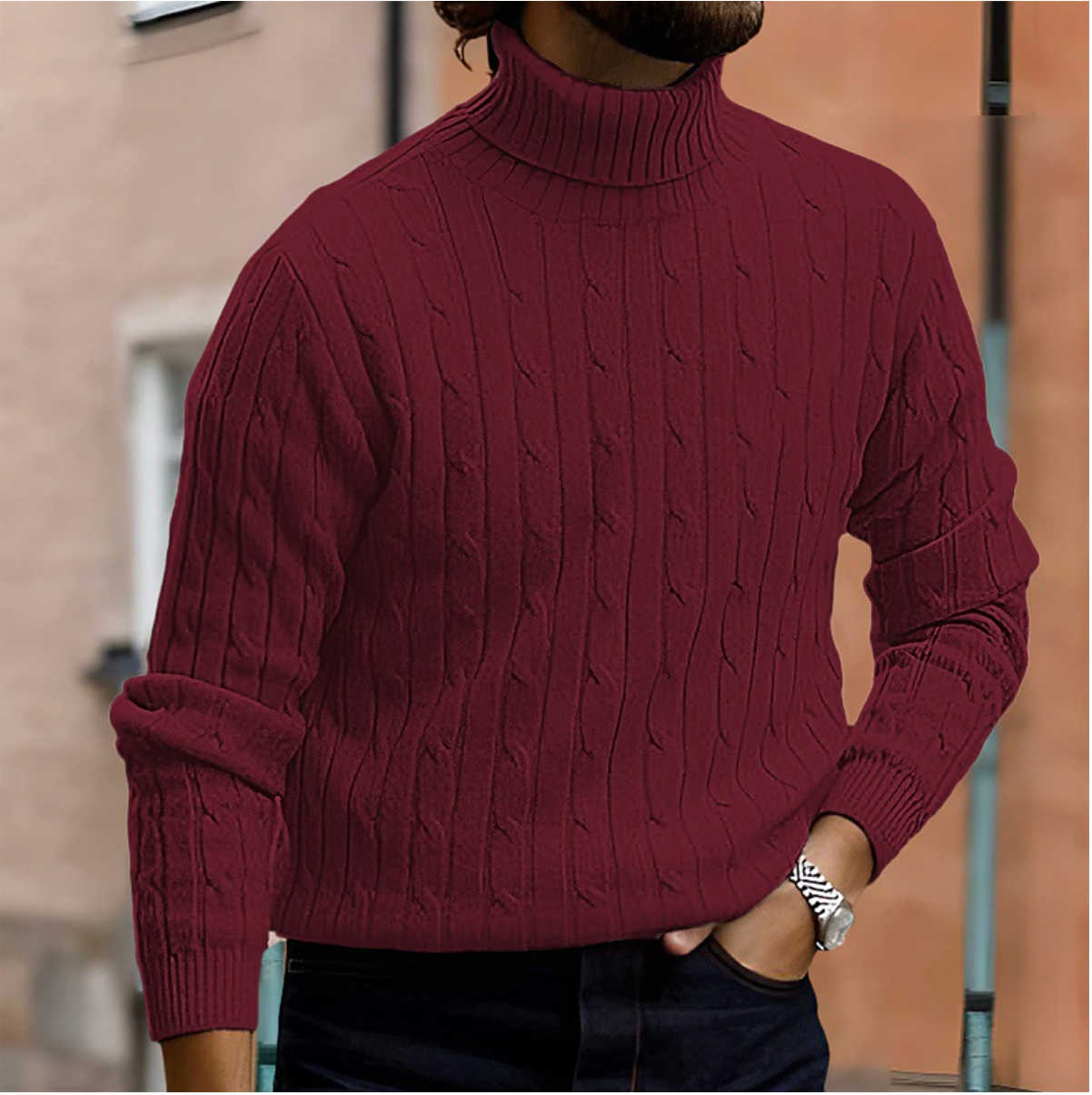 Pull d’hiver à col roulé en maille torsadée pour homme