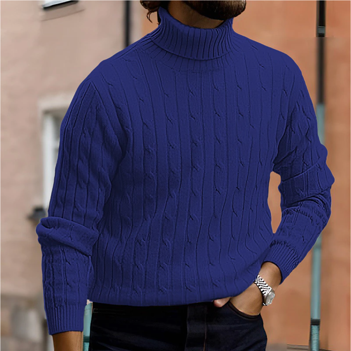 Pull d’hiver à col roulé en maille torsadée pour homme