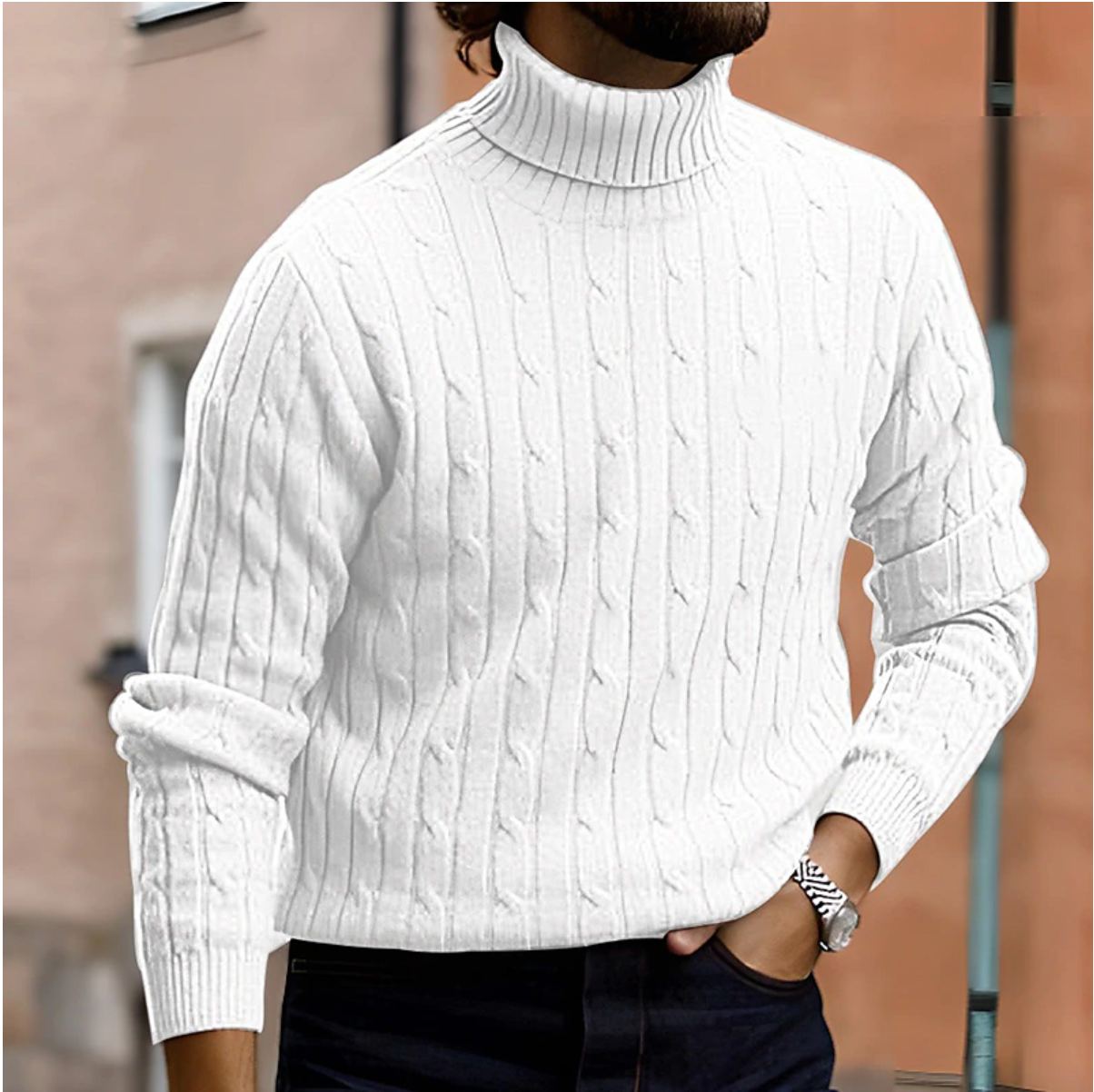 Pull d’hiver à col roulé en maille torsadée pour homme