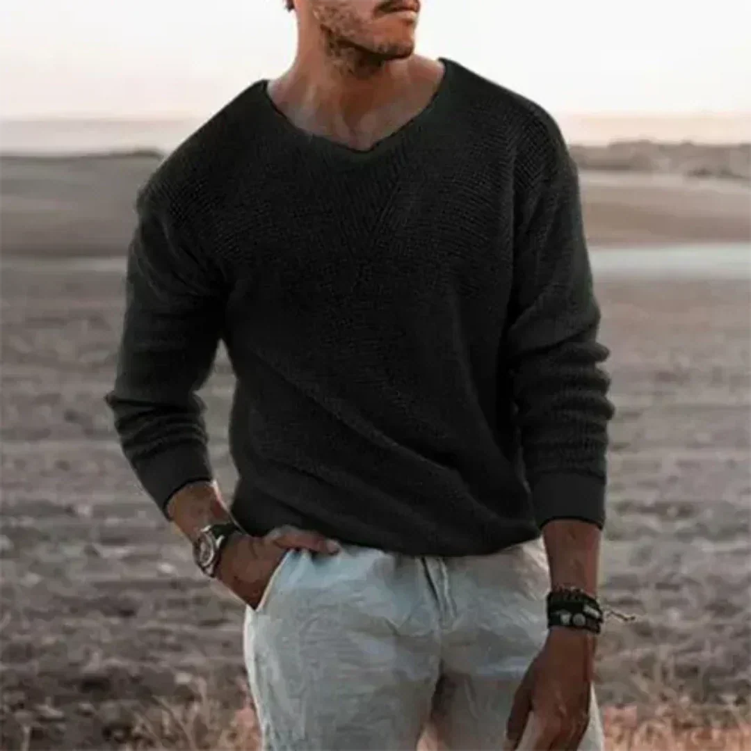 Pull décontracté à col en V à manches longues pour homme