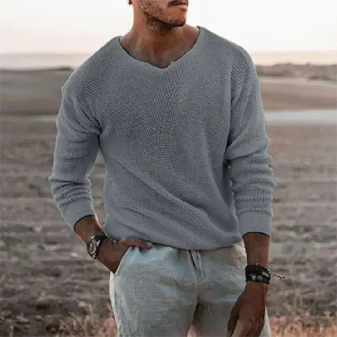 Pull décontracté à col en V à manches longues pour homme