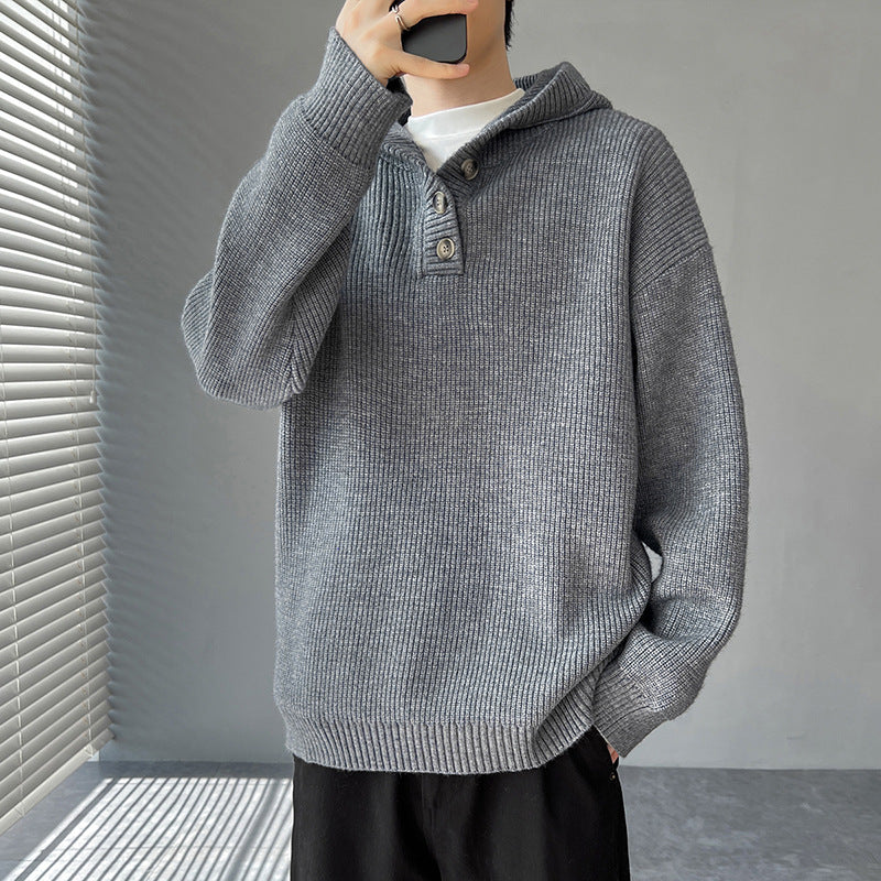 Pull en maille à capuche avec patte de boutonnage pour homme
