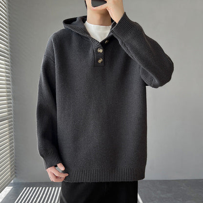 Pull en maille à capuche avec patte de boutonnage pour homme