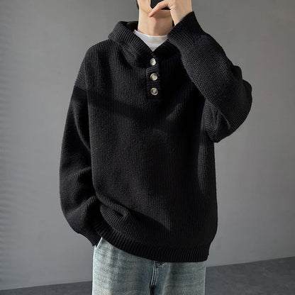 Pull en maille à capuche avec patte de boutonnage pour homme