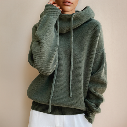 Pull en maille à capuche pour femme, col cheminée, coupe décontractée