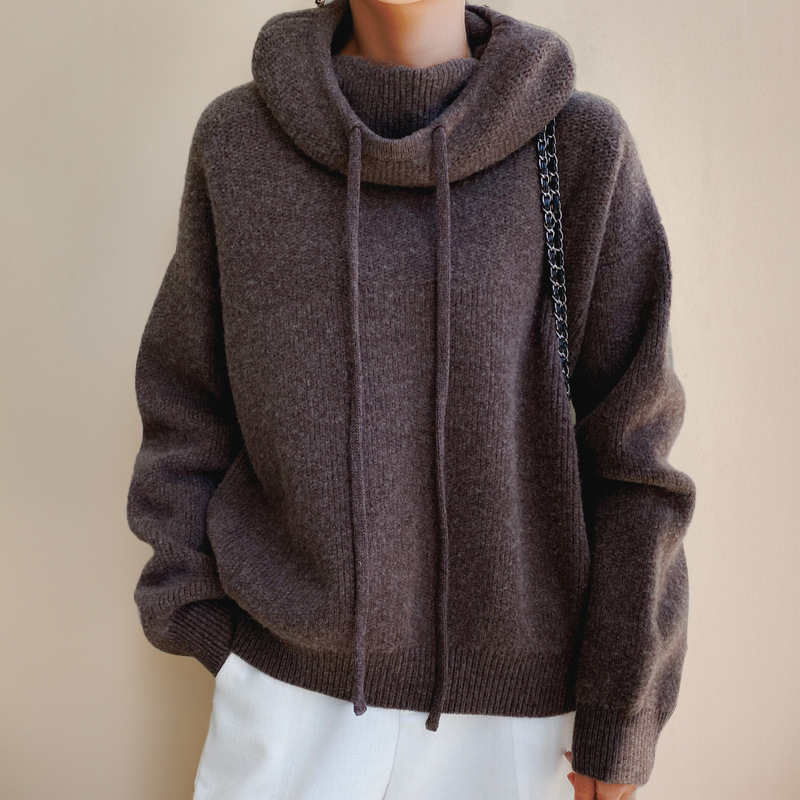 Pull en maille à capuche pour femme, col cheminée, coupe décontractée