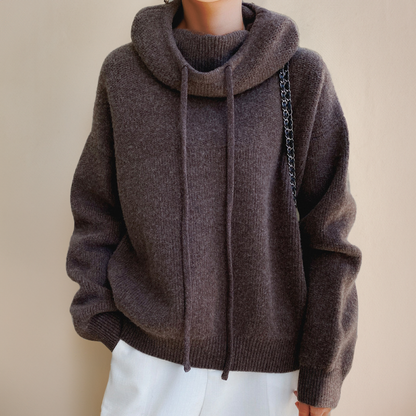 Pull en maille à capuche pour femme, col cheminée, coupe décontractée