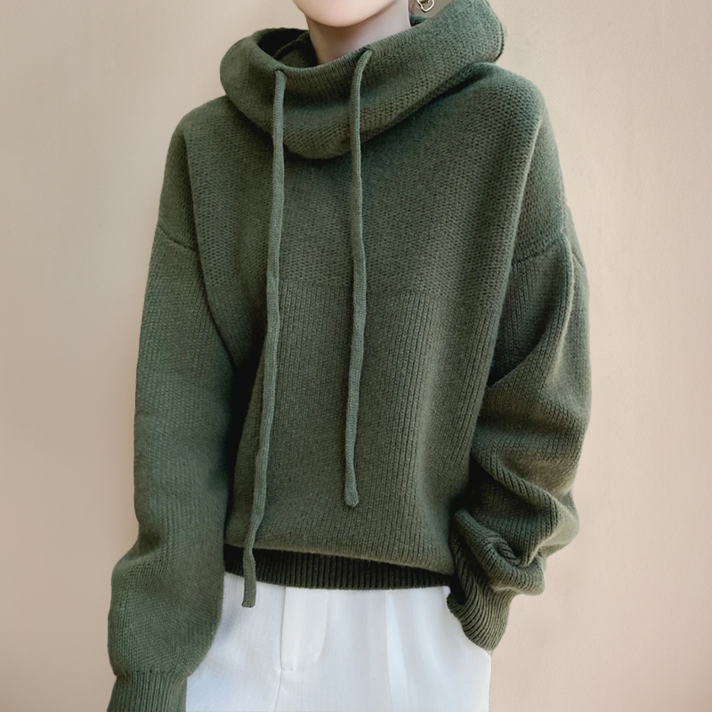 Pull en maille à capuche pour femme, col cheminée, coupe décontractée