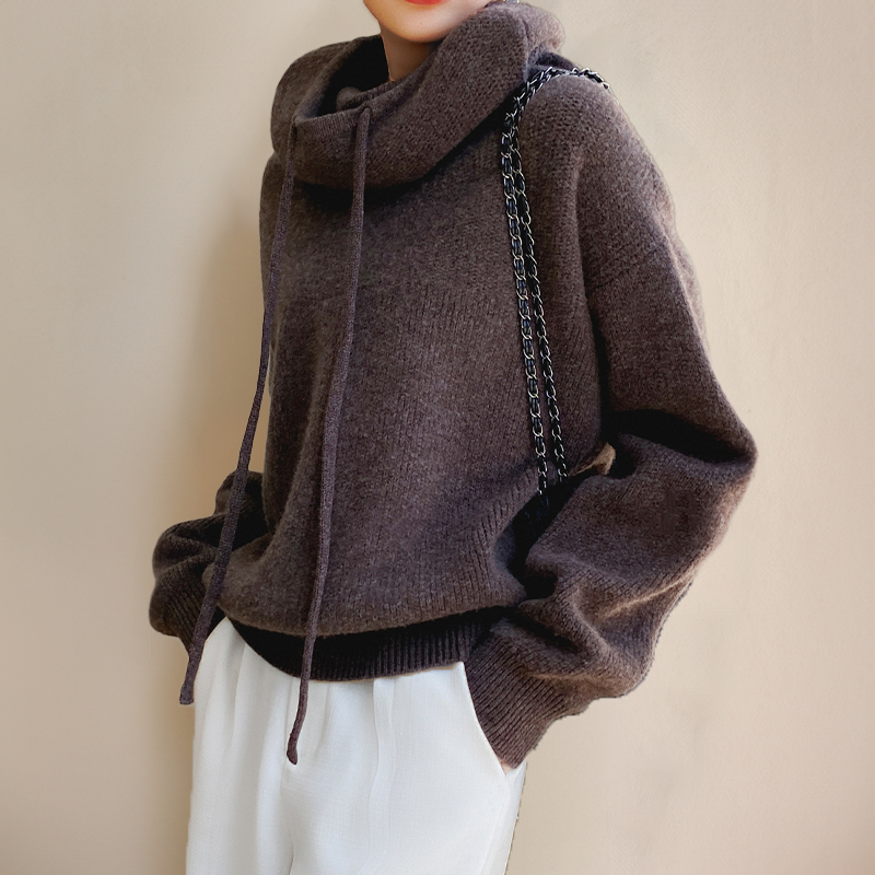 Pull en maille à capuche pour femme, col cheminée, coupe décontractée