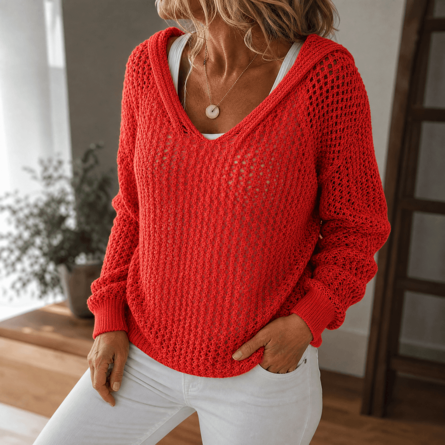 Pull femme à capuche en maille ajourée