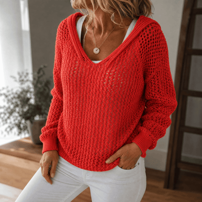 Pull femme à capuche en maille ajourée