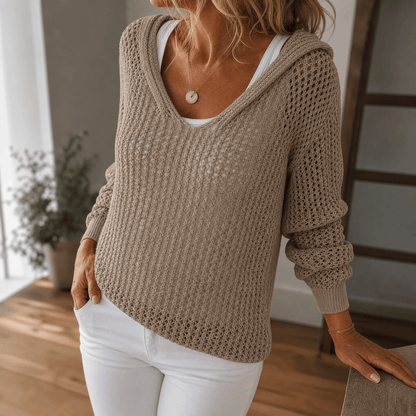 Pull femme à capuche en maille ajourée