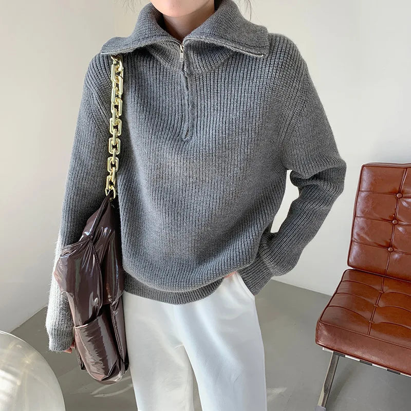 Pull femme à col montant zippé 1/4, manches longues