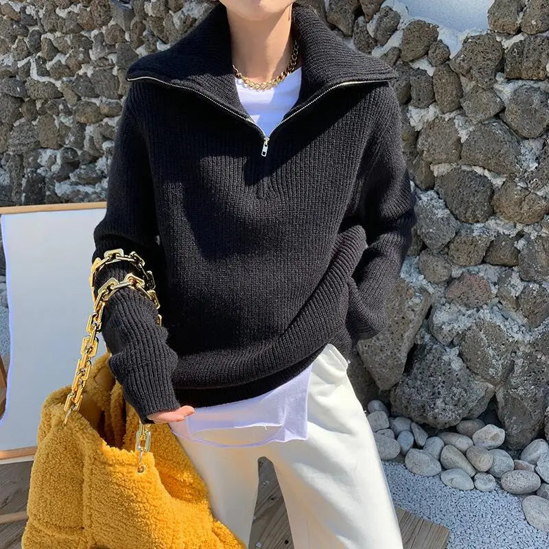 Pull femme à col montant zippé 1/4, manches longues