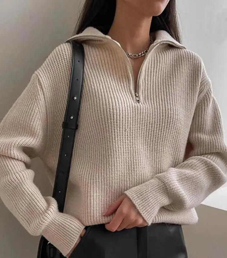 Pull femme à col montant zippé 1/4, manches longues