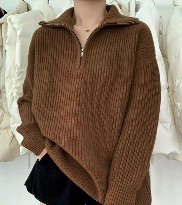 Pull femme à col montant zippé 1/4, manches longues