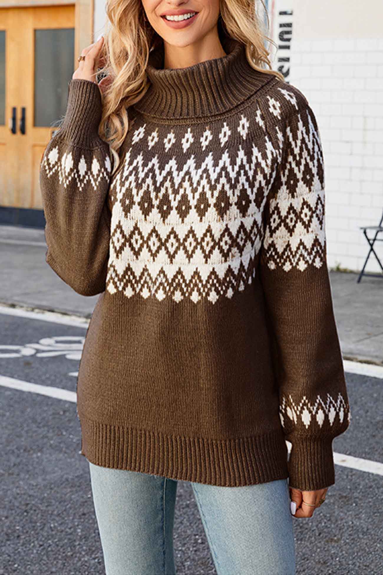 Pull femme à col roulé motif Fair Isle