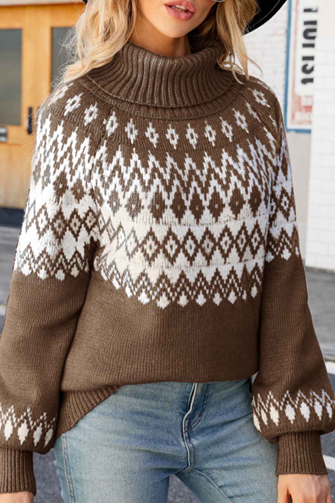 Pull femme à col roulé motif Fair Isle