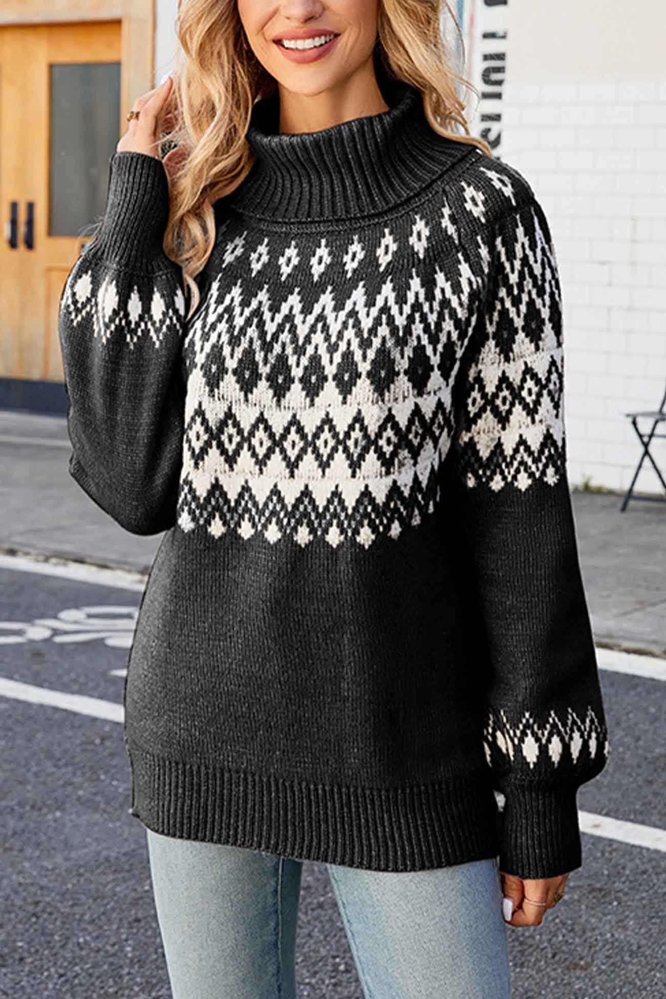 Pull femme à col roulé motif Fair Isle