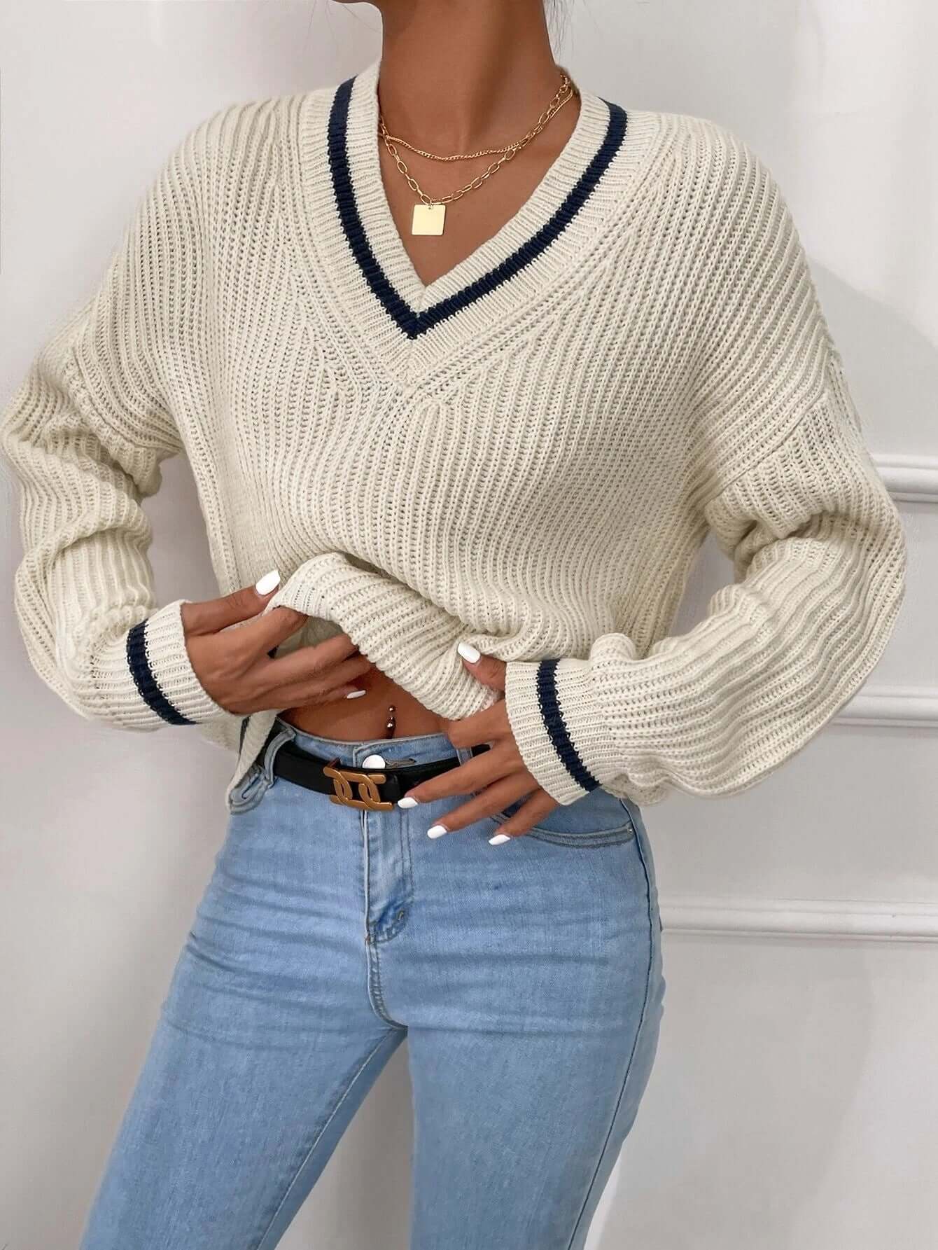 Pull femme à rayures à col V, coupe décontractée