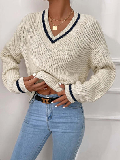 Pull femme à rayures à col V, coupe décontractée