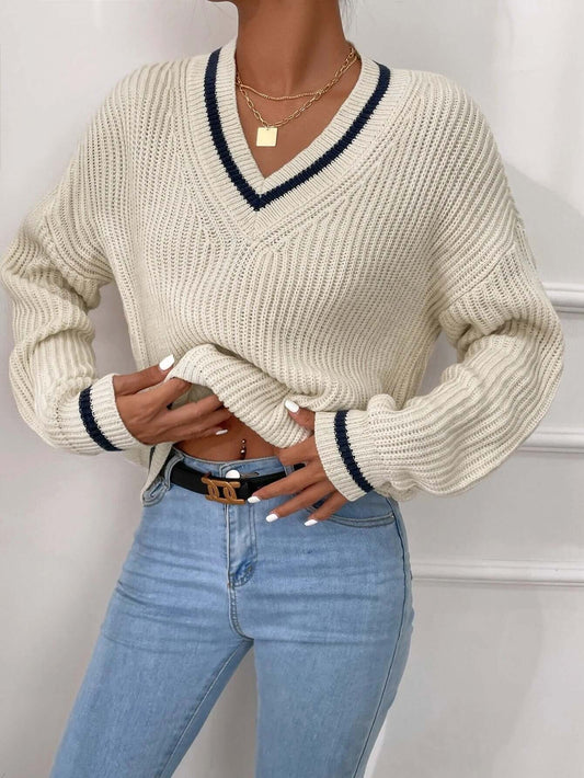 Pull femme à rayures à col V, coupe décontractée