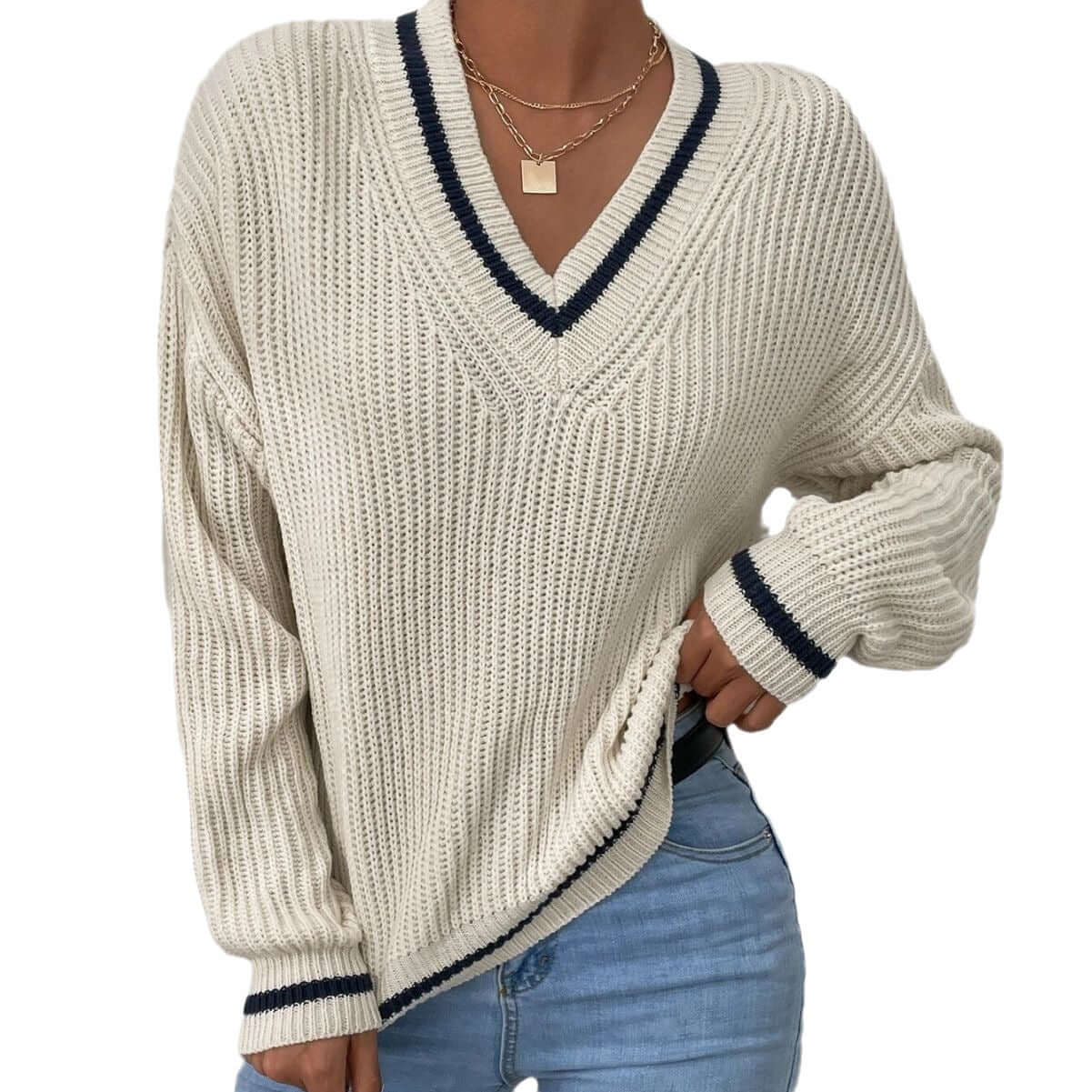Pull femme à rayures à col V, coupe décontractée