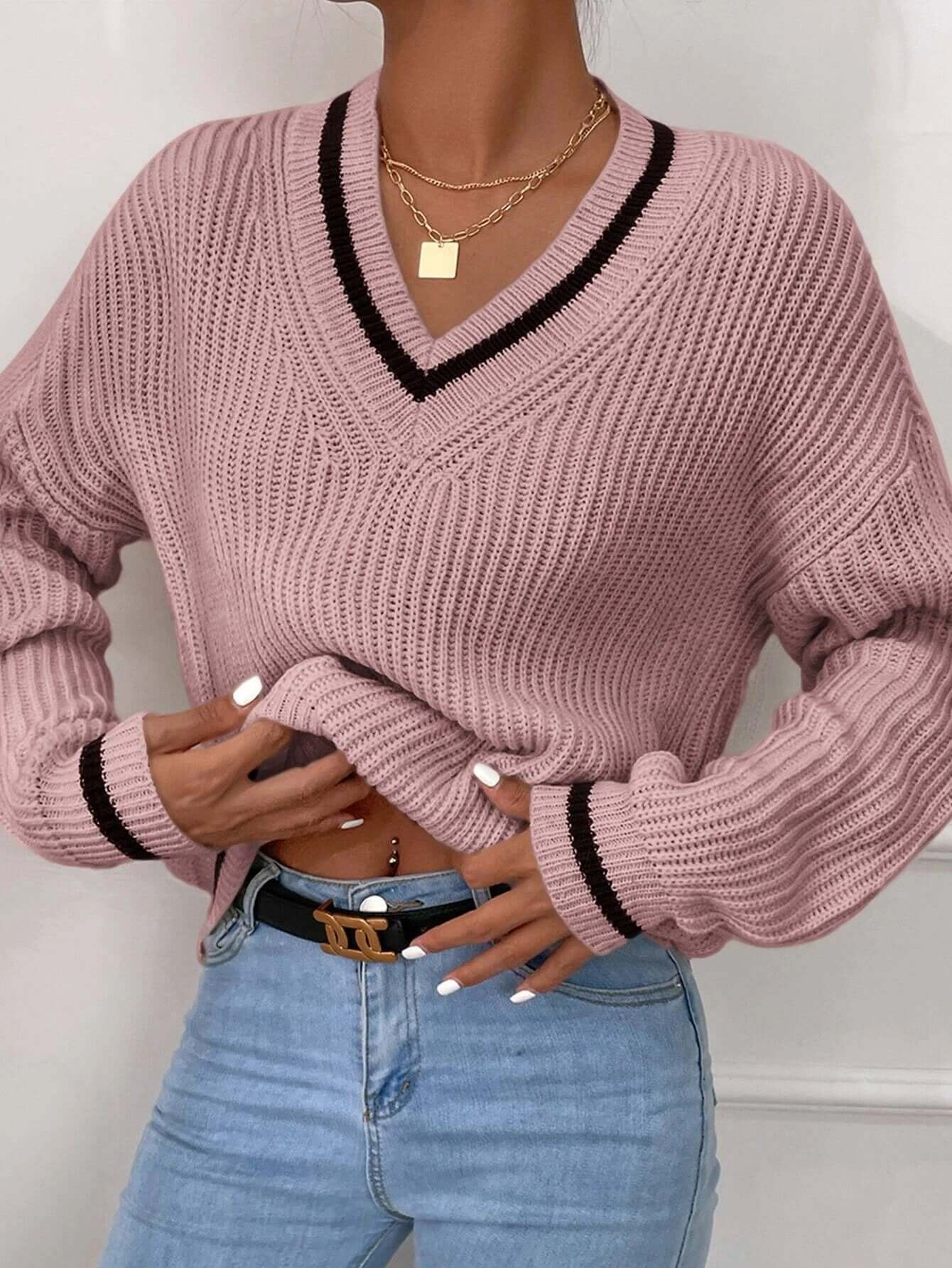 Pull femme à rayures à col V, coupe décontractée