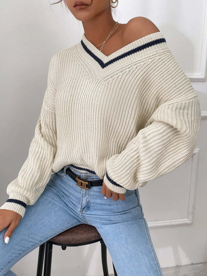 Pull femme à rayures à col V, coupe décontractée