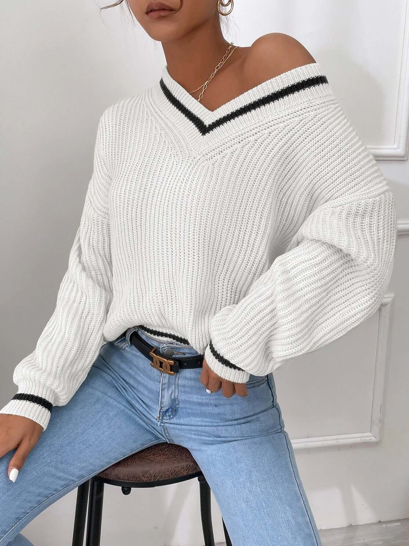 Pull femme à rayures à col V, coupe décontractée