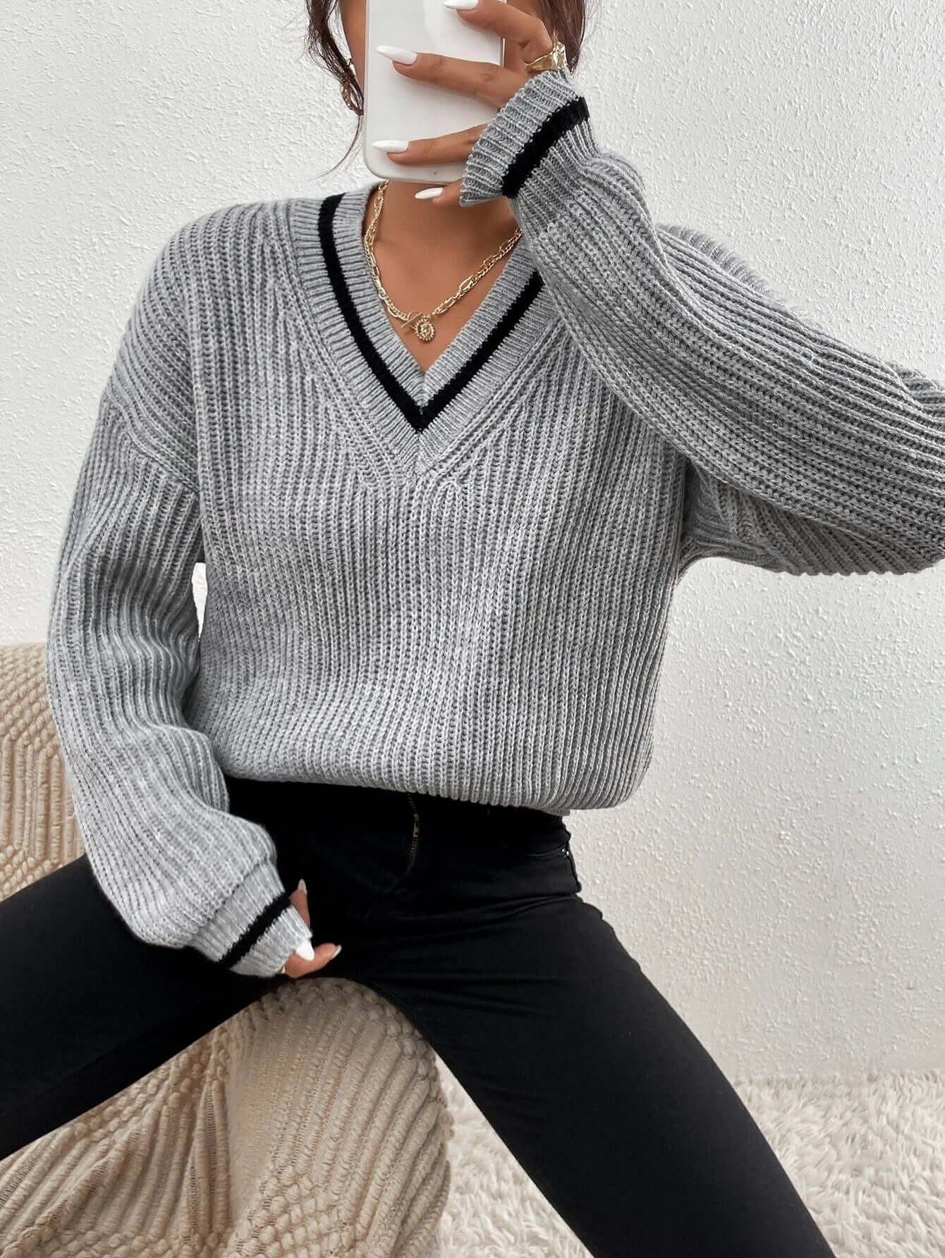Pull femme à rayures à col V, coupe décontractée