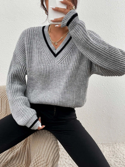 Pull femme à rayures à col V, coupe décontractée