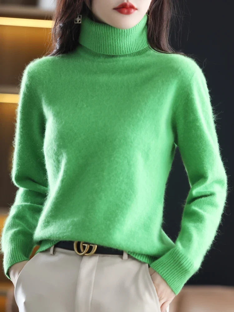 Pull femme en maille à col roulé 100 % cachemire, chaud, coupe ajustée, en 23 couleurs