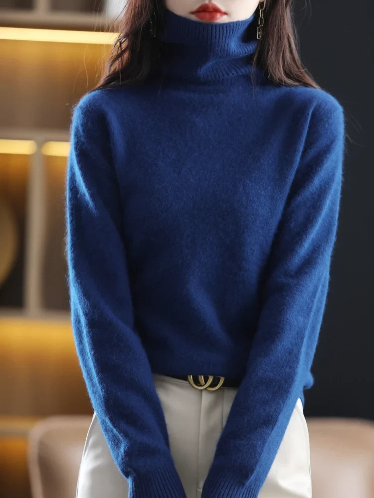 Pull femme en maille à col roulé 100 % cachemire, chaud, coupe ajustée, en 23 couleurs