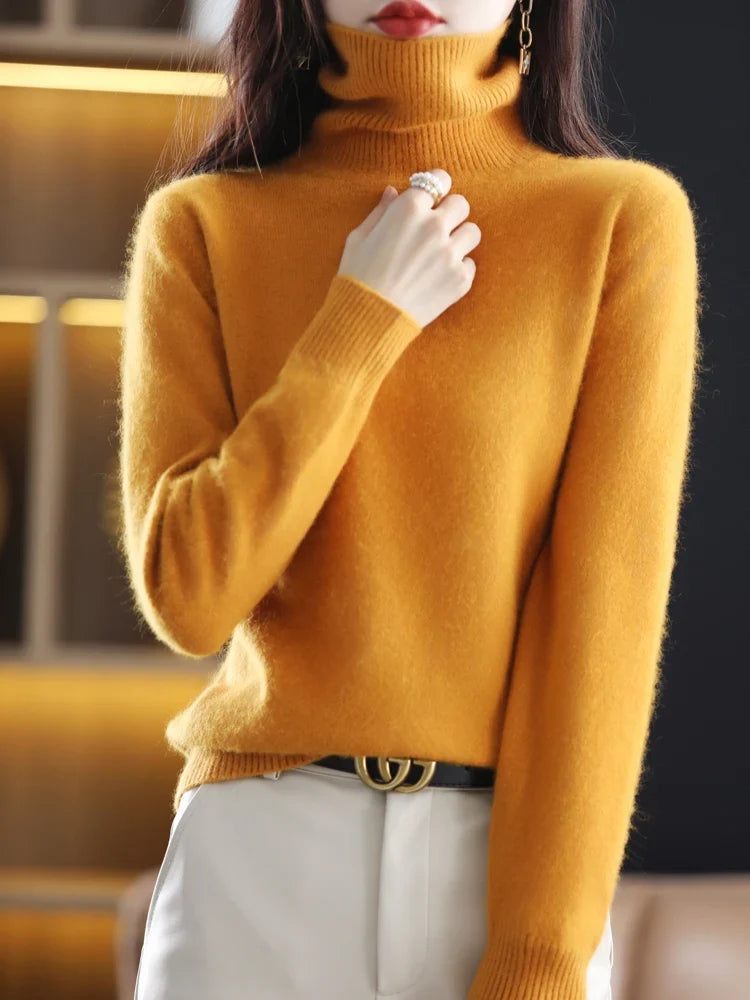 Pull femme en maille à col roulé 100 % cachemire, chaud, coupe ajustée, en 23 couleurs