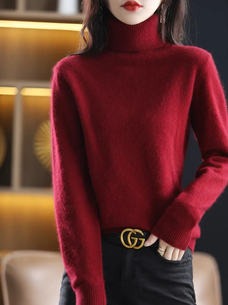 Pull femme en maille à col roulé 100 % cachemire, chaud, coupe ajustée, en 23 couleurs