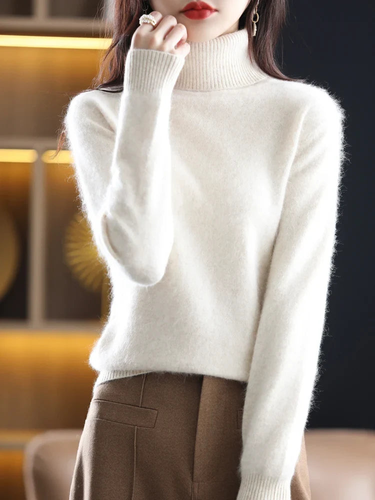 Pull femme en maille à col roulé 100 % cachemire, chaud, coupe ajustée, en 23 couleurs