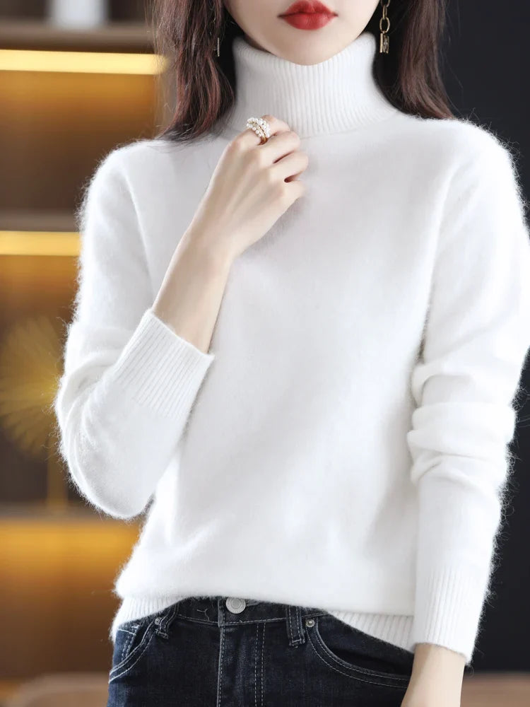 Pull femme en maille à col roulé 100 % cachemire, chaud, coupe ajustée, en 23 couleurs