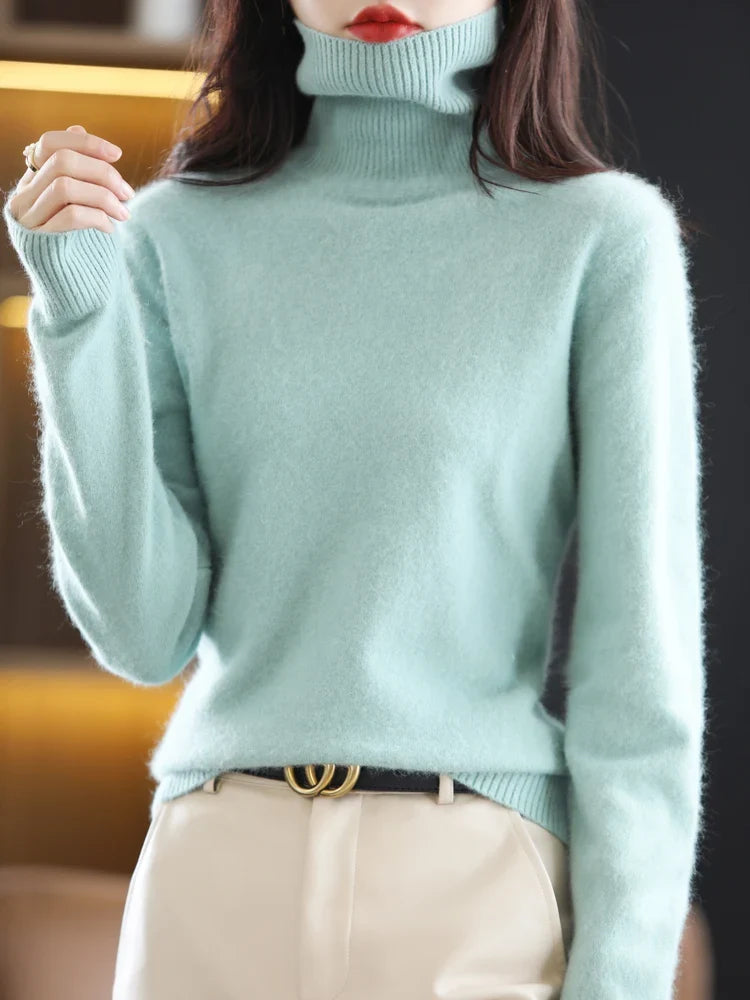 Pull femme en maille à col roulé 100 % cachemire, chaud, coupe ajustée, en 23 couleurs