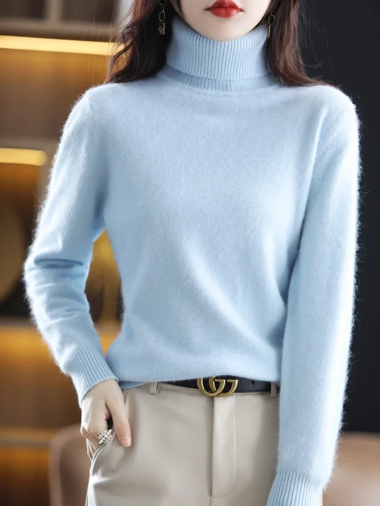 Pull femme en maille à col roulé 100 % cachemire, chaud, coupe ajustée, en 23 couleurs